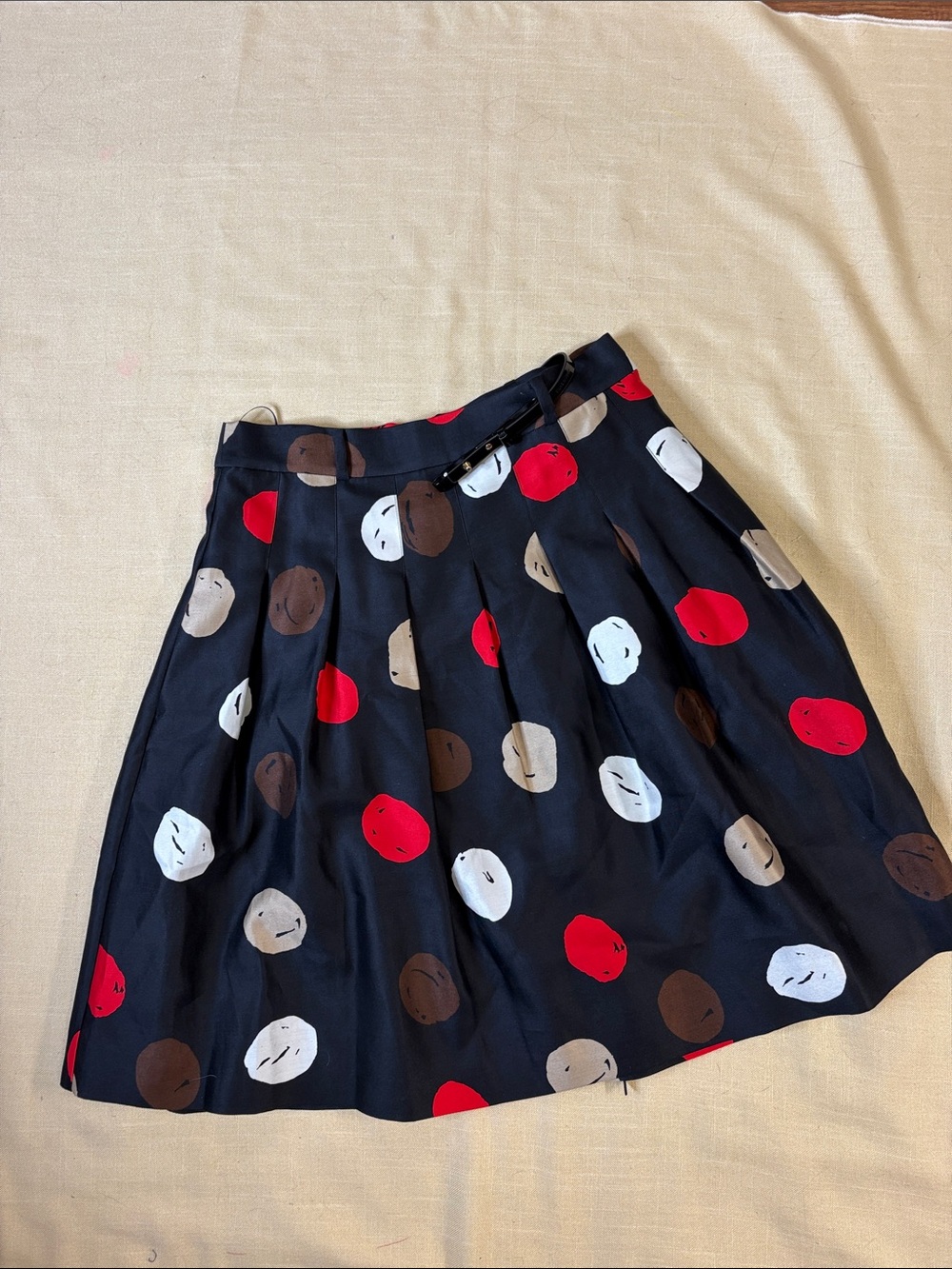 kate spade Navy Pleated Skater Skirt with Red, White & Brown Dots